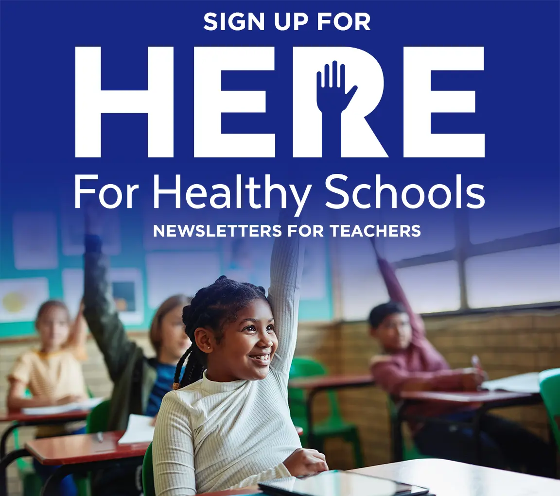 Children in a classroom, eagerly raising their hands with the Here for Healthy Schools newsletters logo at the top of the image