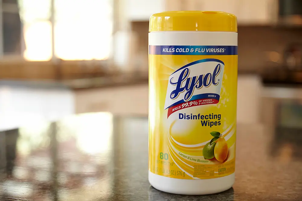 Canister of Lysol Disinfecting Wipes on a kitchen counter